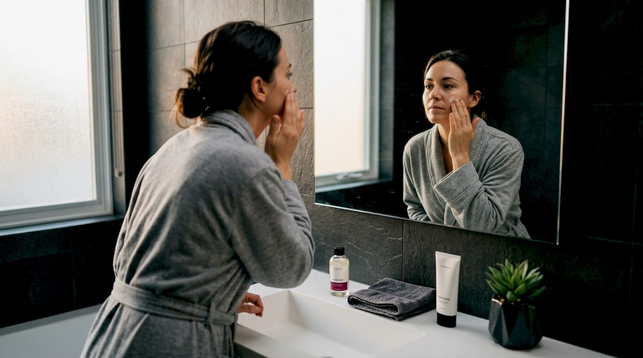 Woman applying skincare at bathroom vanity