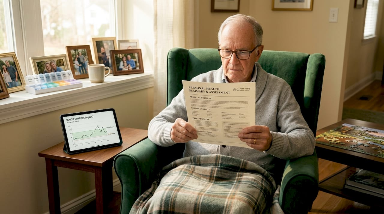 Older man reviewing health data at home