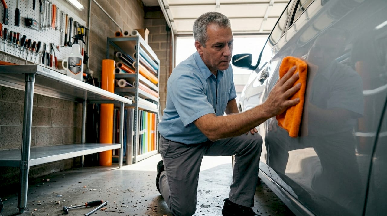 Man cleaning car panel for decal application
