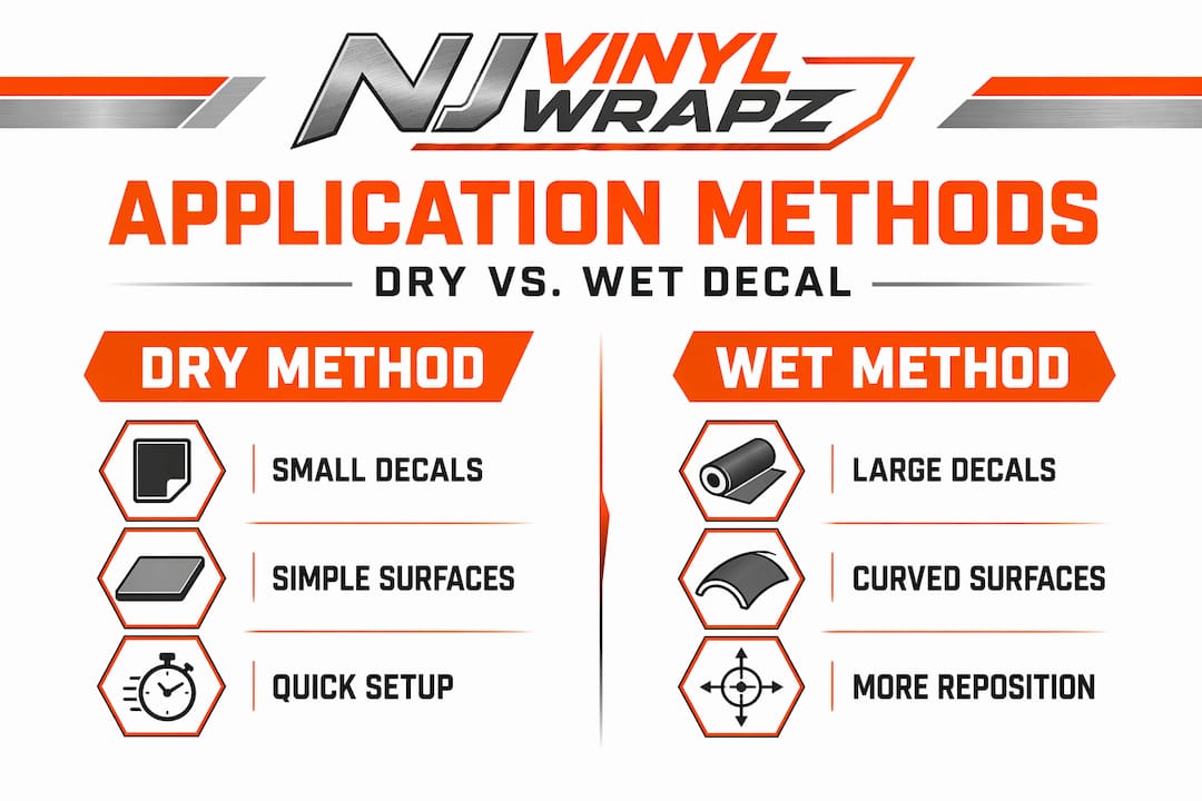 Infographic comparing dry and wet vinyl decal methods
