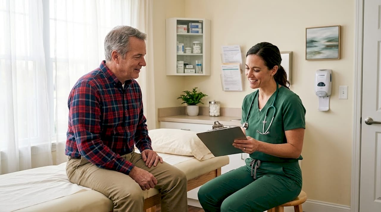 Doctor and patient meet in clinic exam room