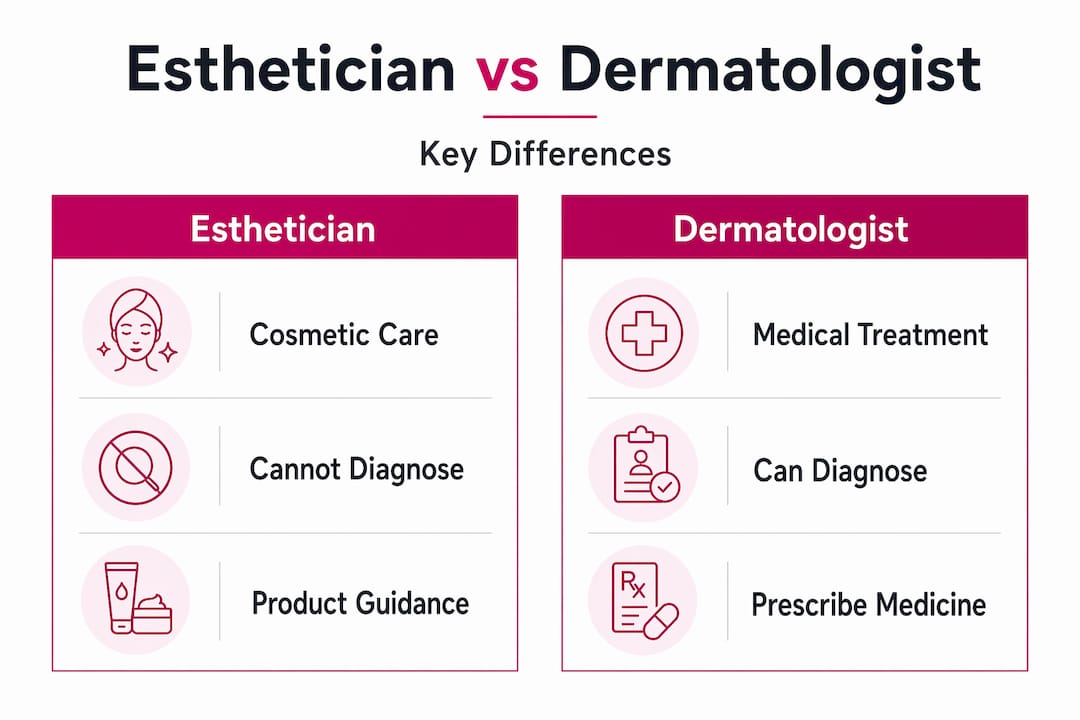 Infographic comparing estheticians and dermatologists