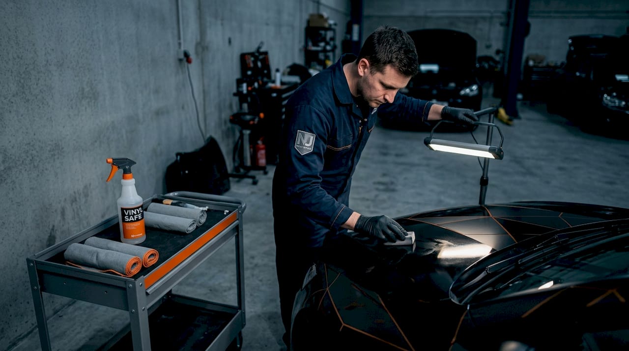 Technician applies ceramic coating to vehicle wrap