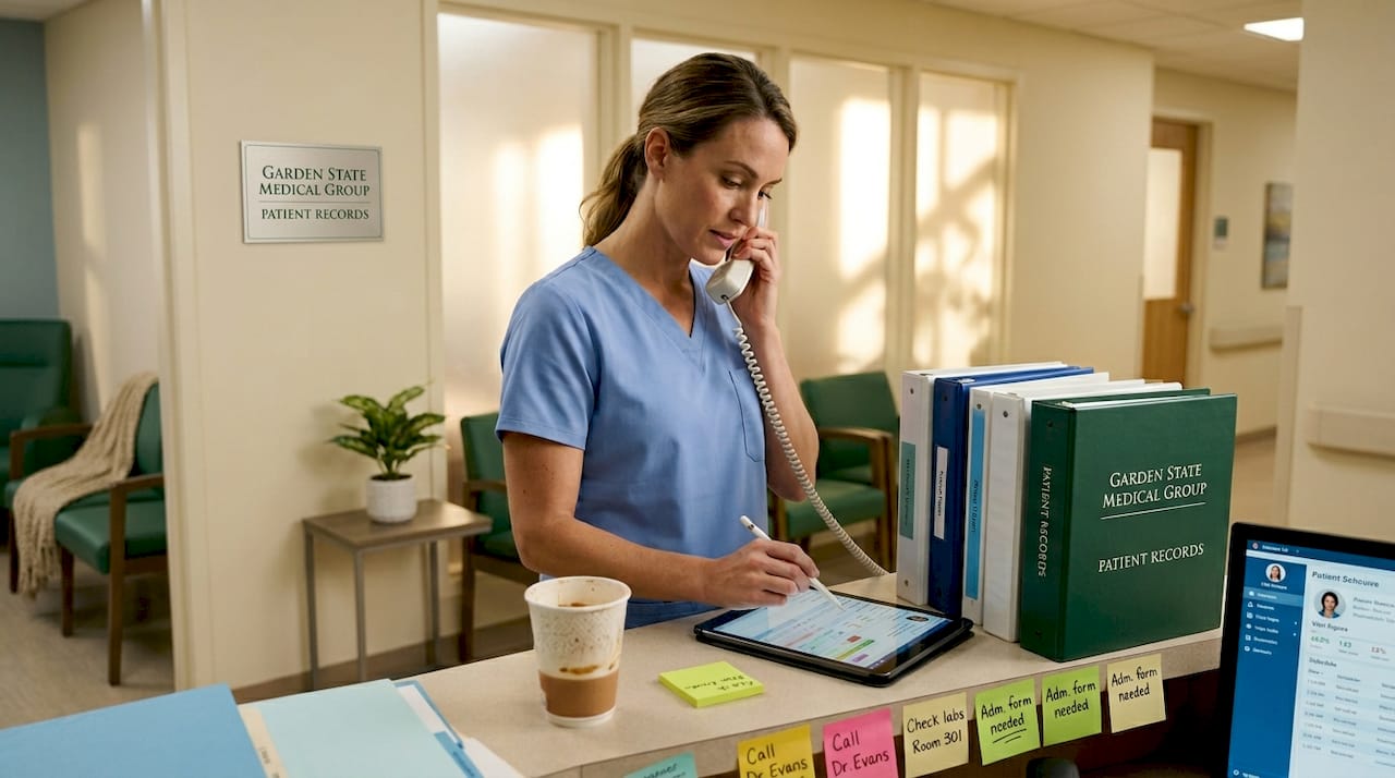 Nurse multitasking at hospital care coordination desk