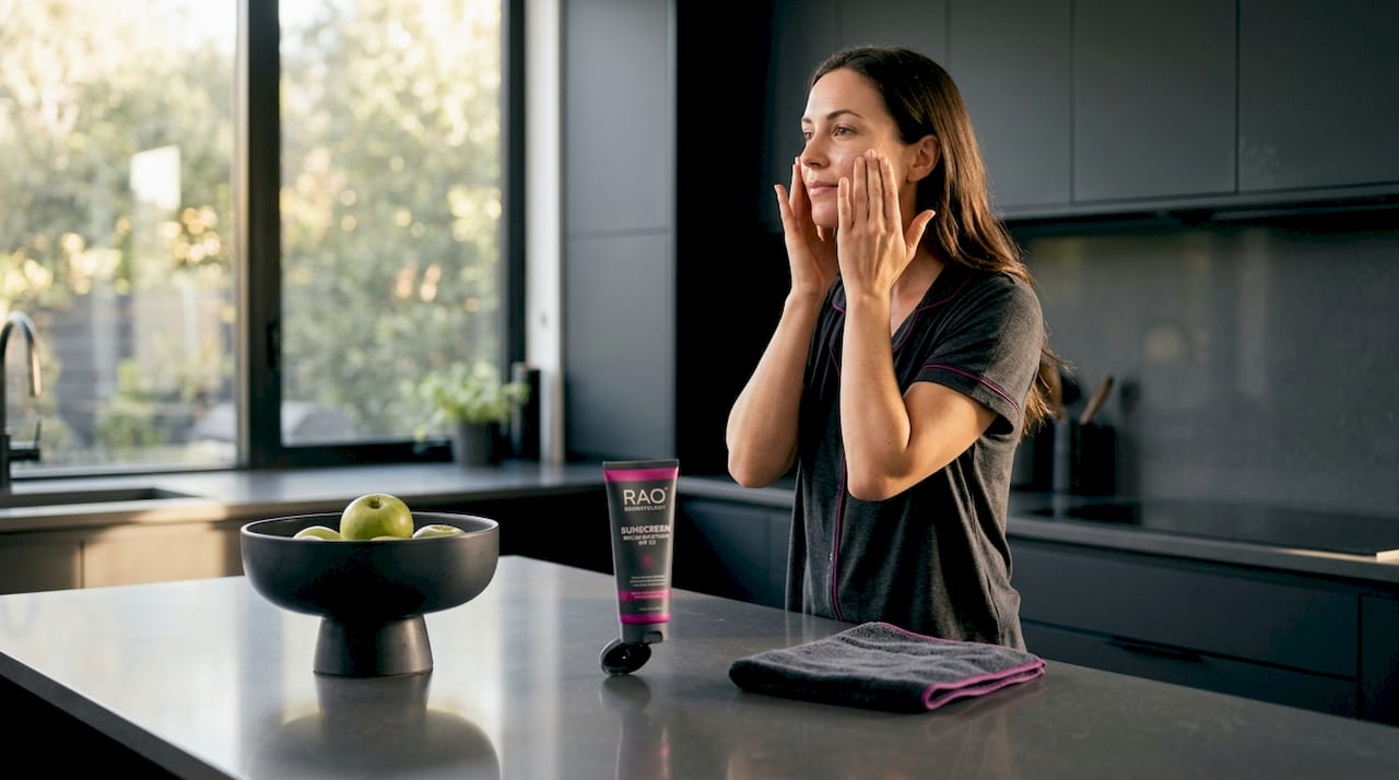 Woman applying sunscreen in home bathroom