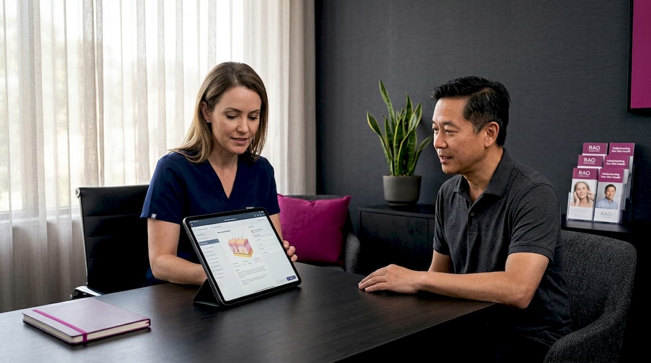 Dermatologist consulting patient about skin health