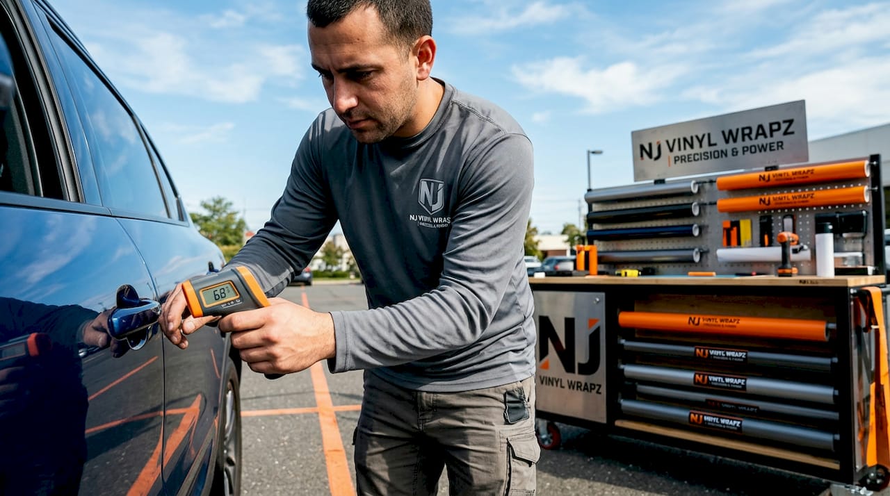 Technician measuring car panel temperature with thermometer