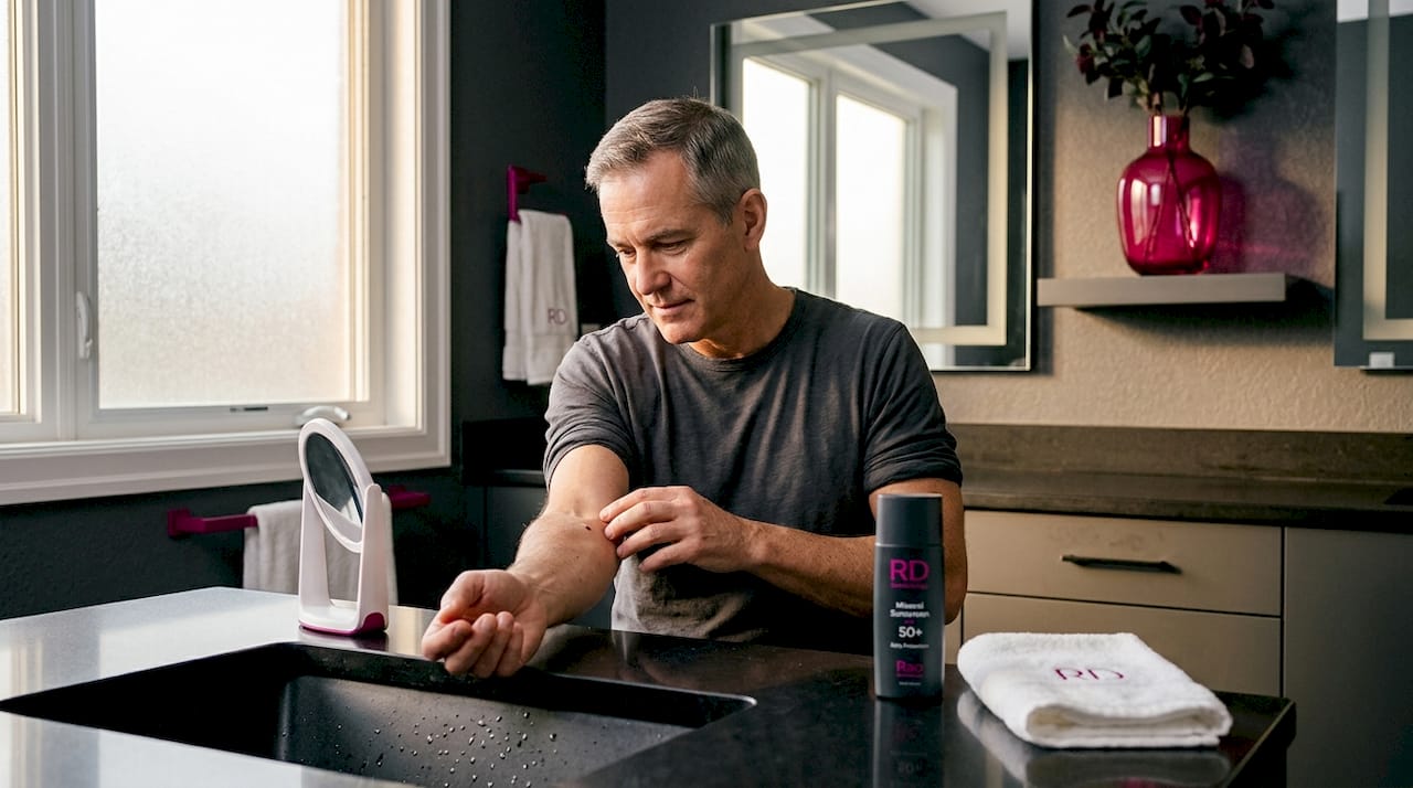 Person performing at-home skin cancer check in bathroom