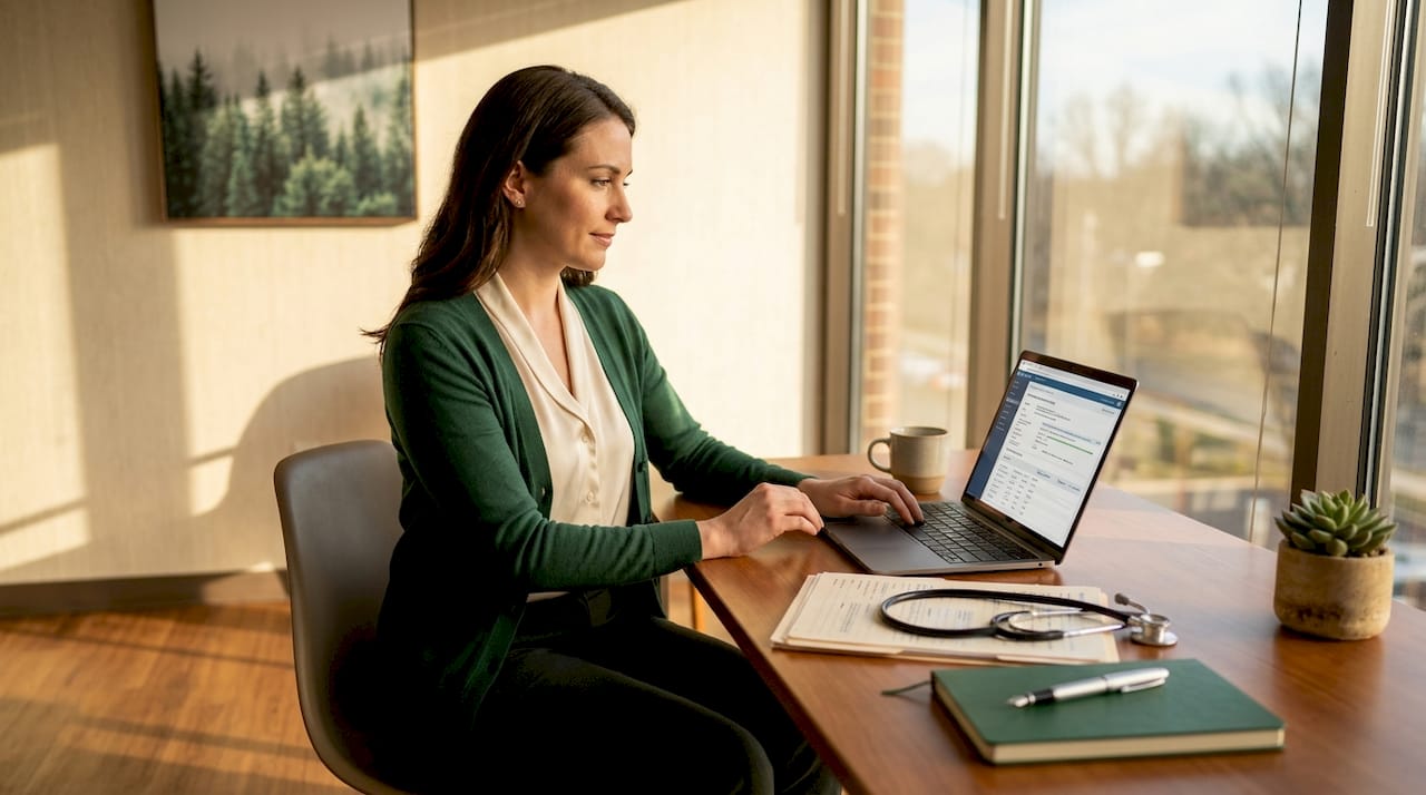 Care manager reviewing patient records at desk