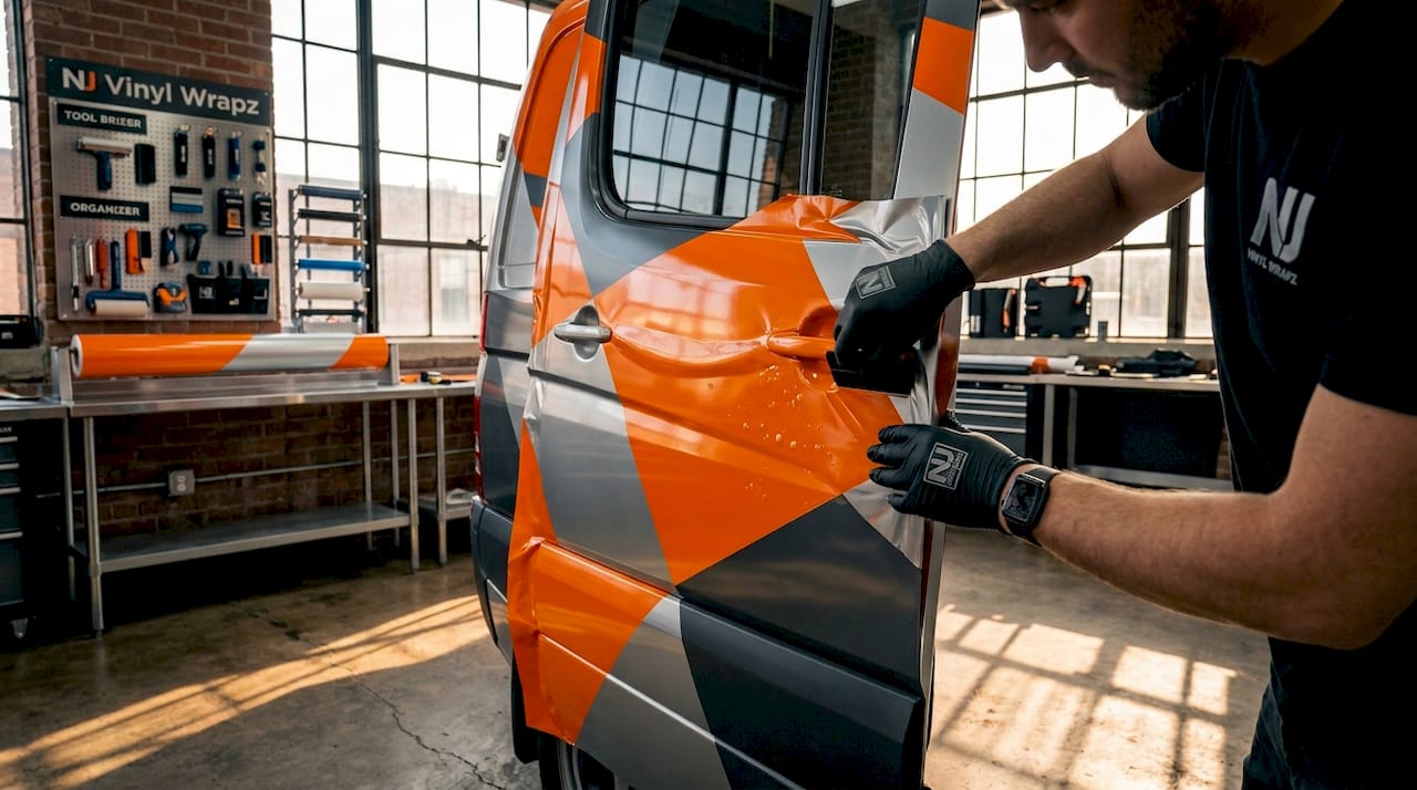 Professional installing vinyl wrap on fleet vehicle door