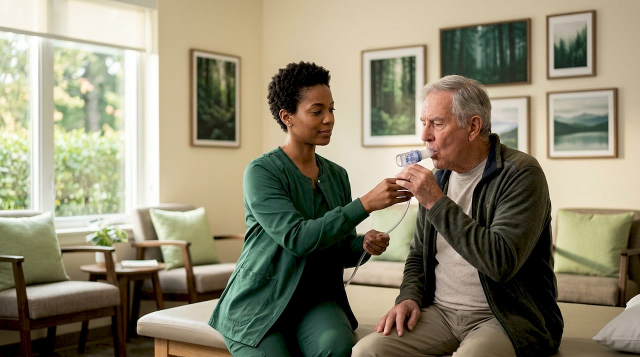 Physiotherapist guiding elderly patient breathing exercises