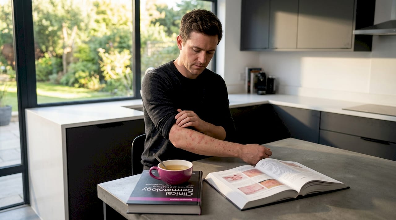 Person examining dermatitis rash on forearm