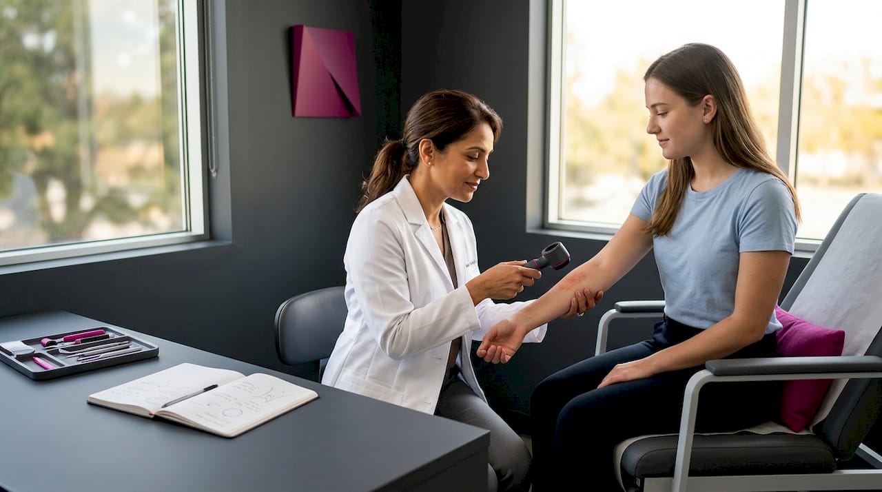 Dermatologist examining patient’s skin rash
