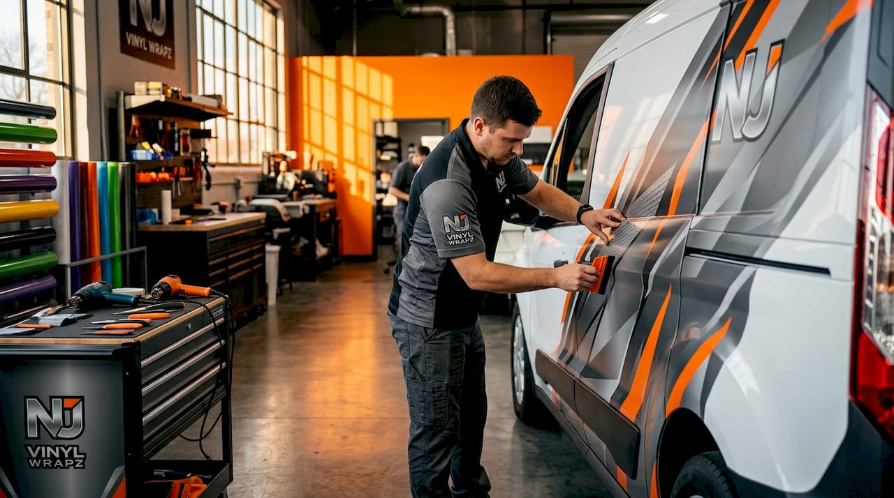 Technician installing vinyl wrap on cargo van