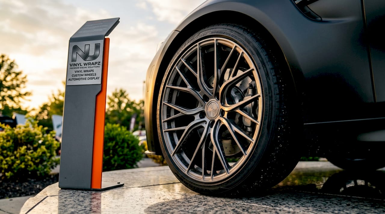 Close-up of custom car wheels and tires