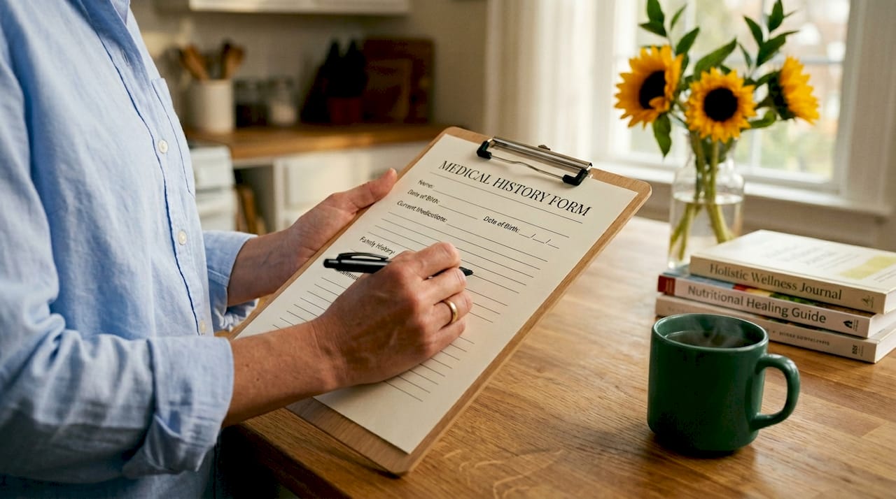 Hands holding medical history clipboard with pen