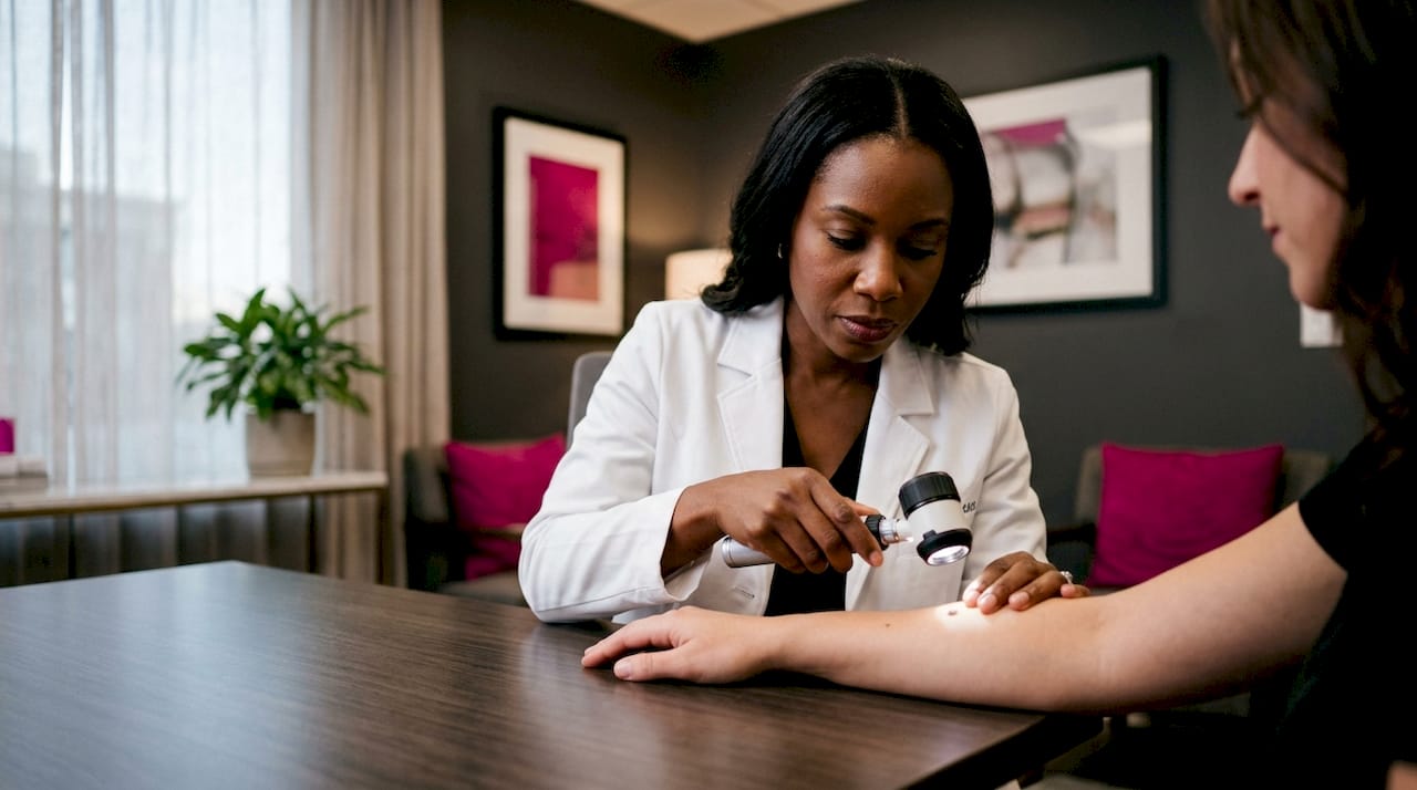 Dermatologist examining skin mole