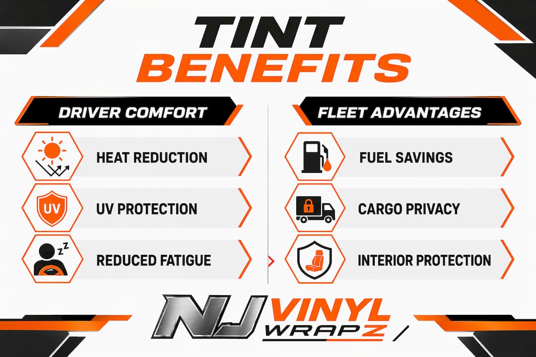 Infographic comparing tint benefits for drivers and fleets