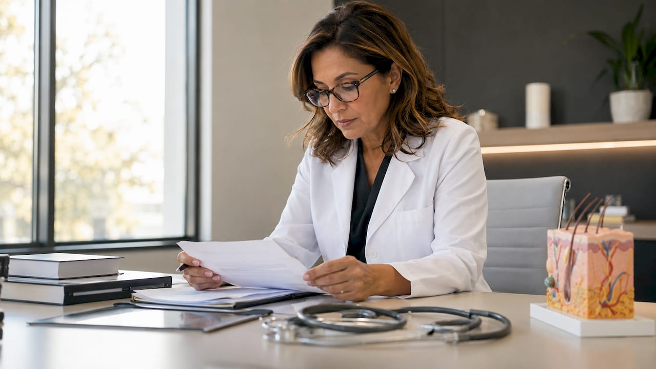 Dermatologist reviewing patient referral forms
