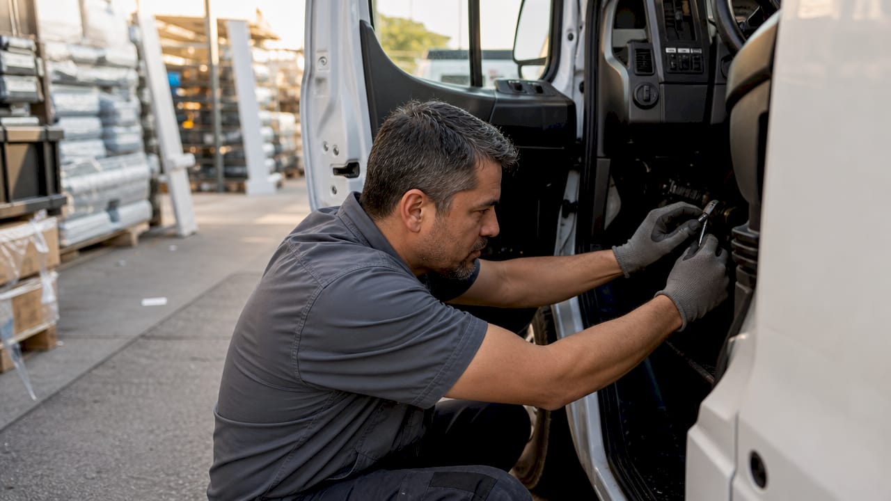 Technician installing telematics device in van