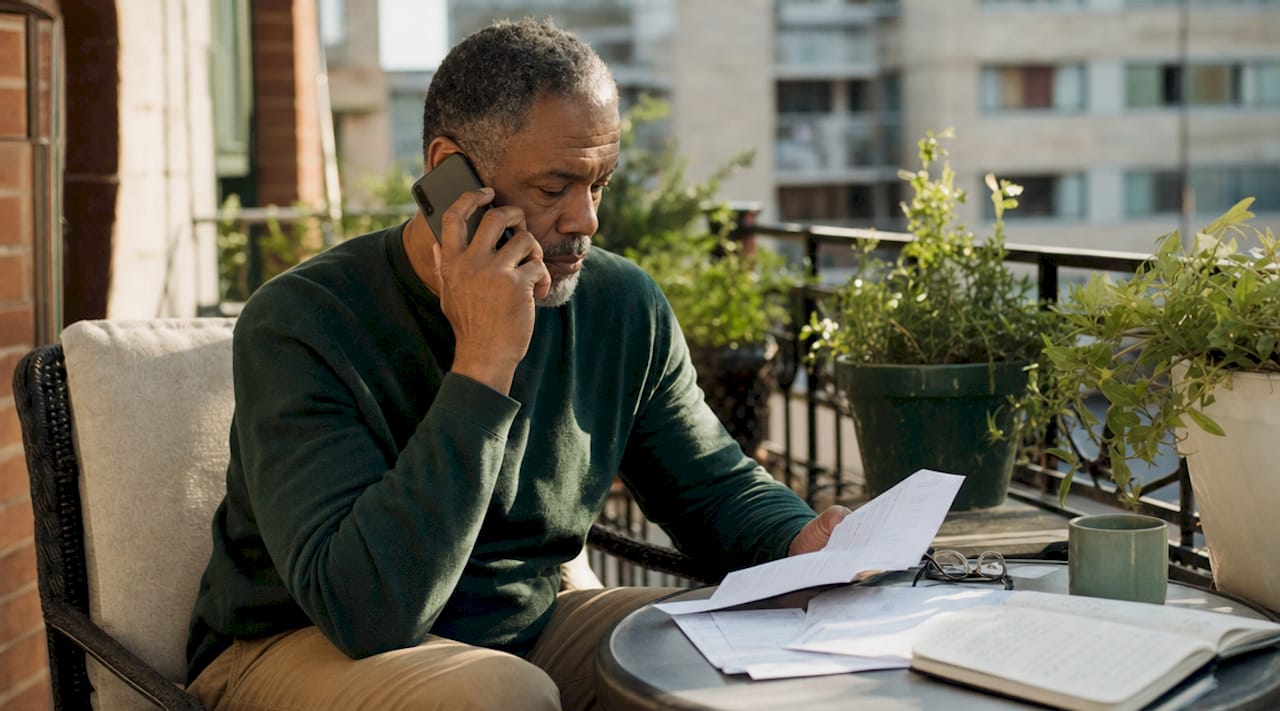 Man verifying insurance acceptance on a phone call