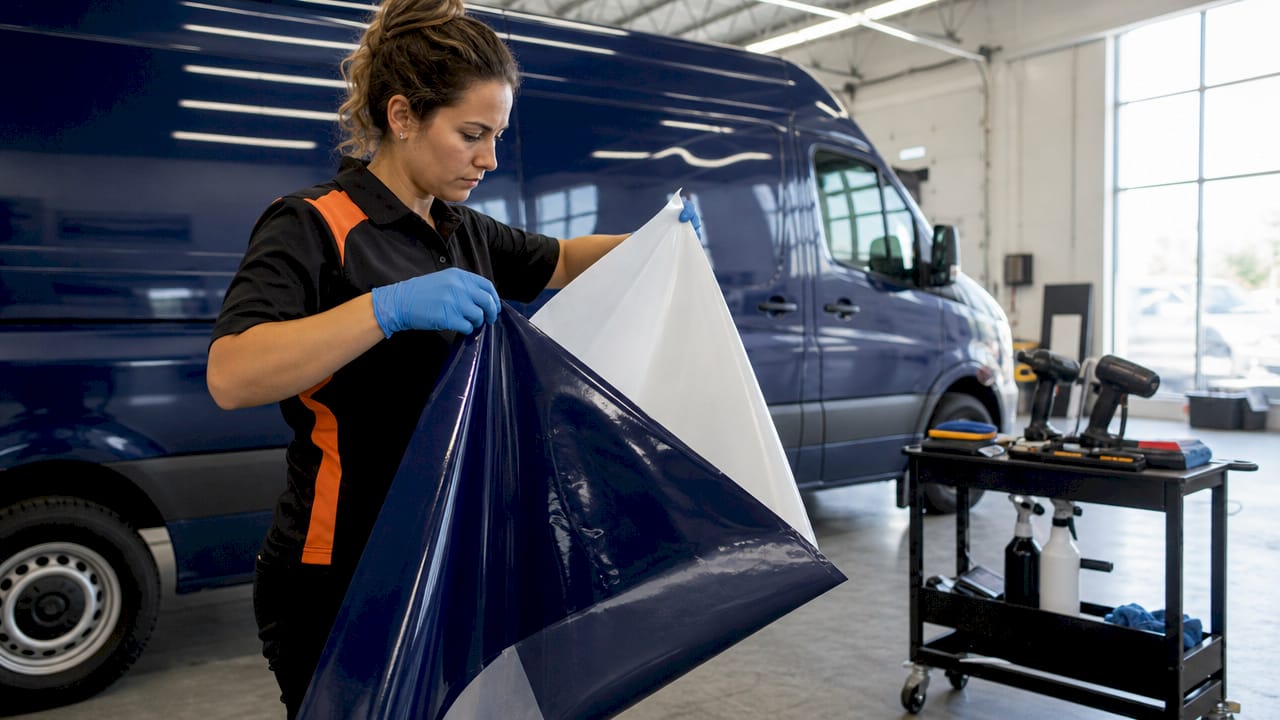 Installer applying vinyl wrap on delivery van