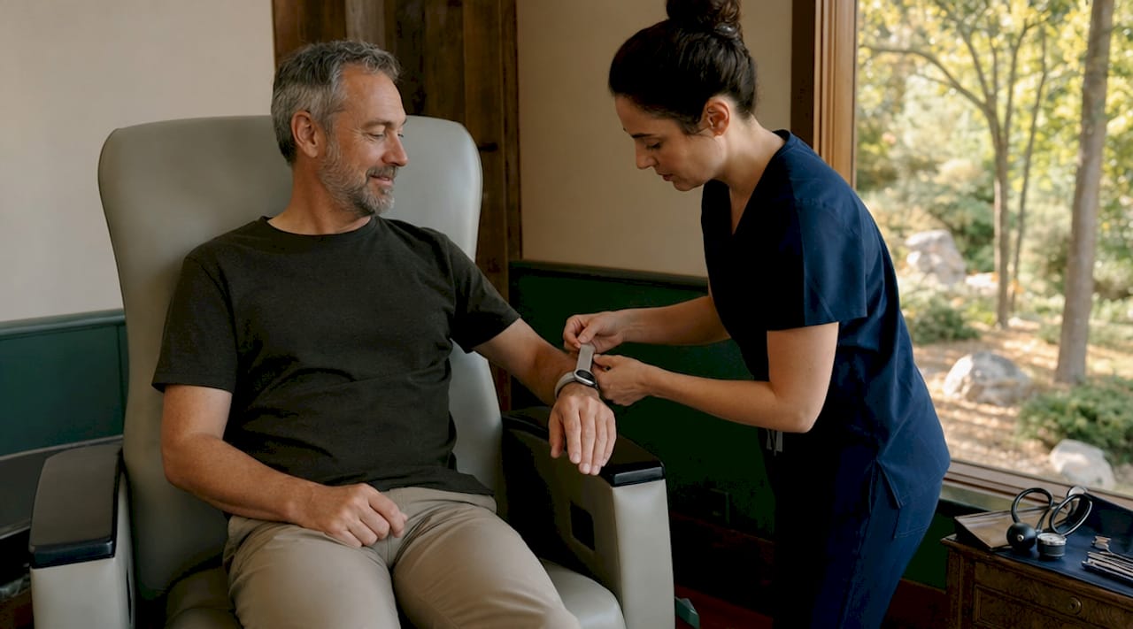 Nurse fitting wearable health device on patient wrist