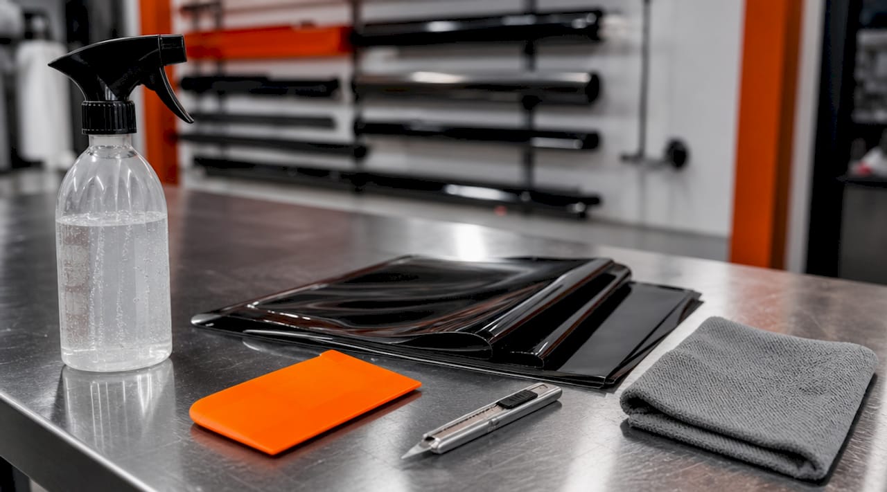 Close-up of window tinting tools on garage bench