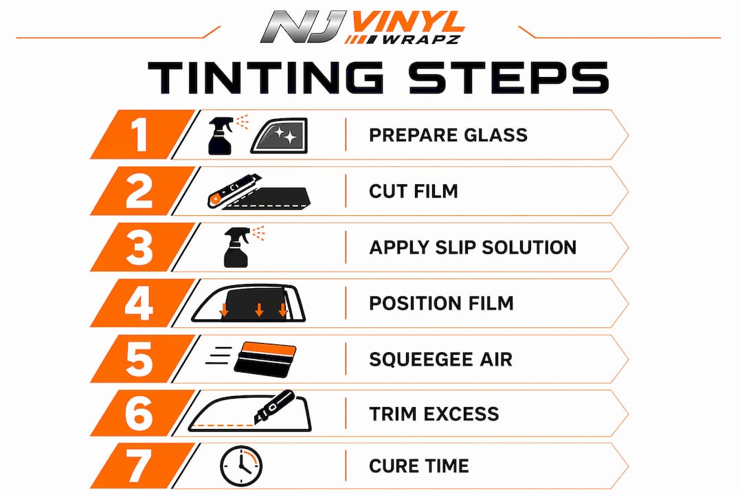 Infographic showing 7-step car window tinting process