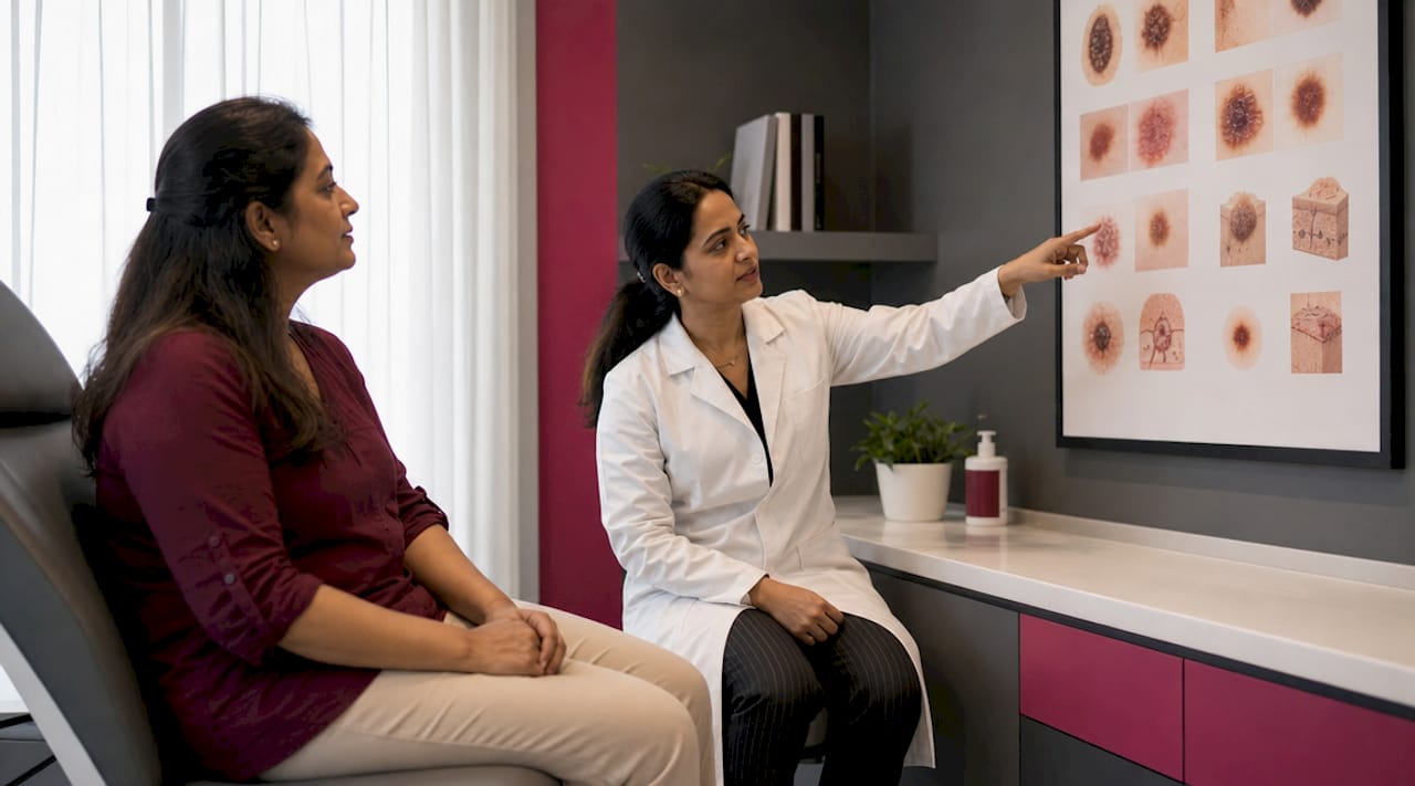 Patient consulting dermatologist about skin lesion