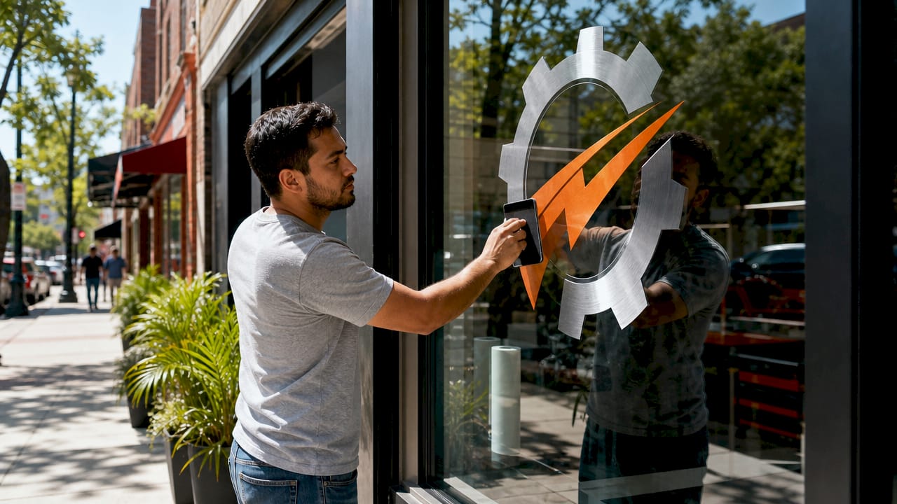 Business owner installing window decal on door