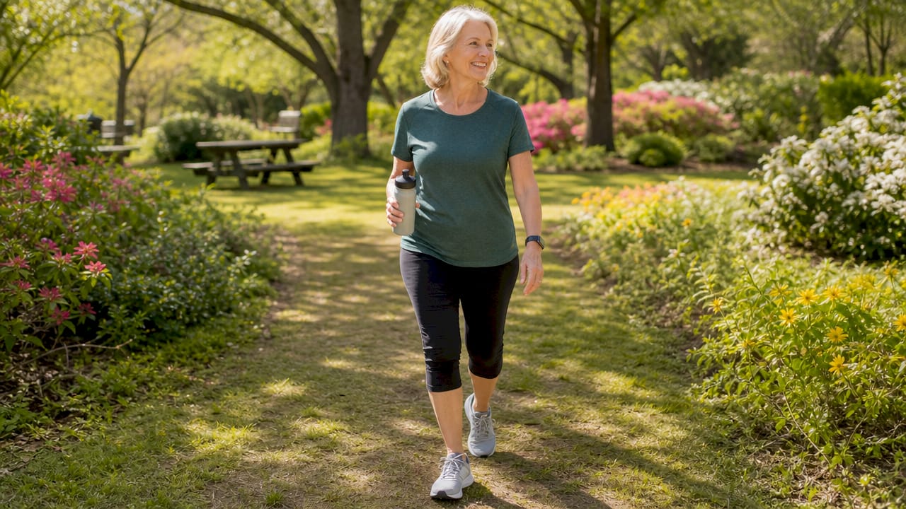 Senior woman walking in park exercising