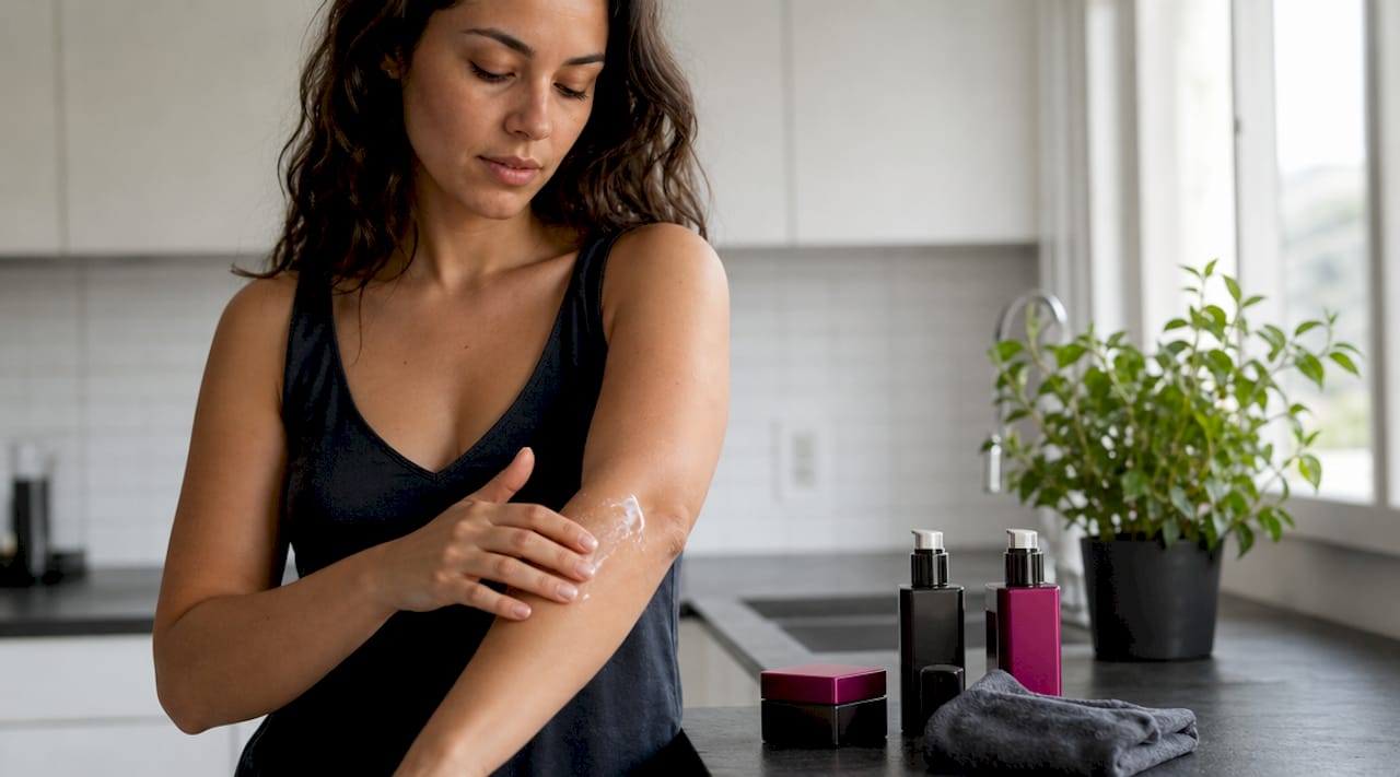 Woman applying moisturizer to dry skin in bathroom