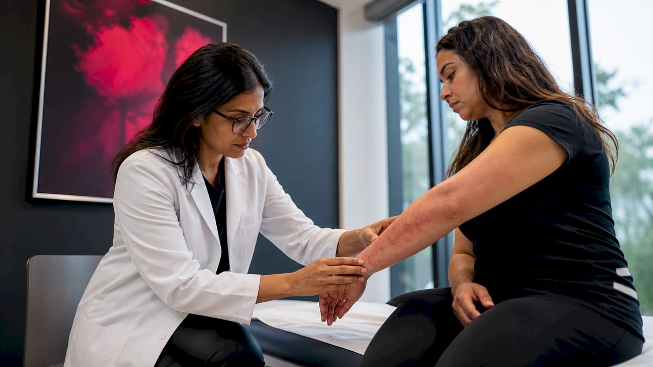 Dermatologist examining red irritated skin
