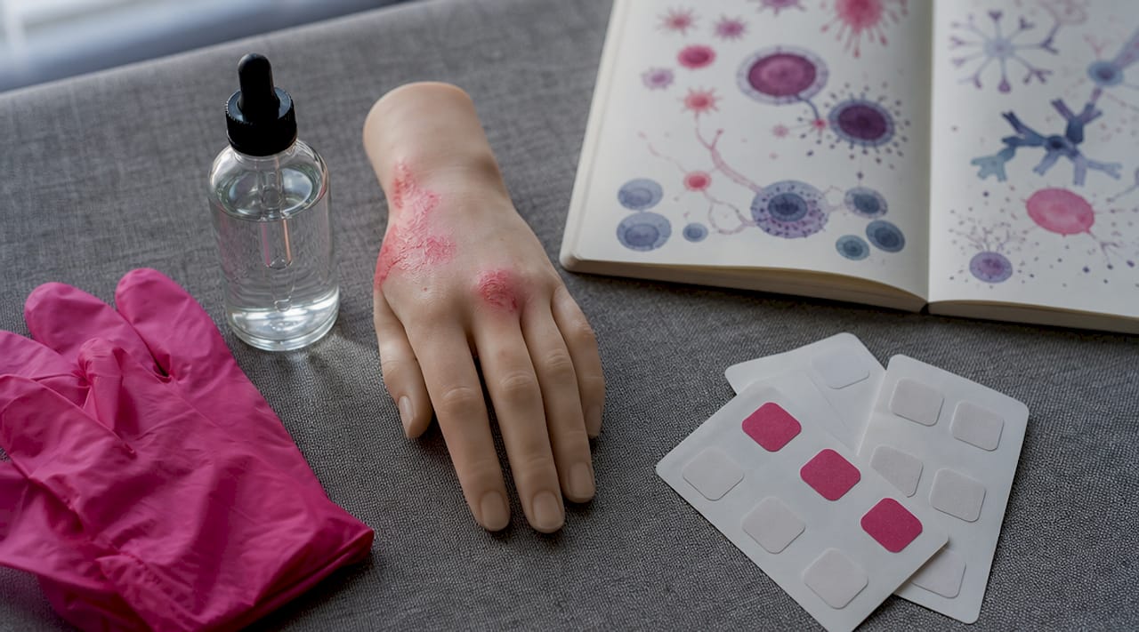 Overhead flat lay of irritant versus allergic dermatitis tools