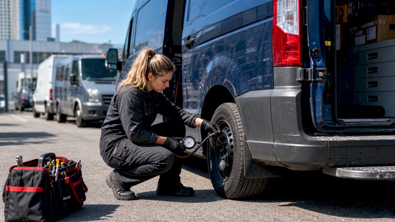 Driver checking vehicle tire pressure