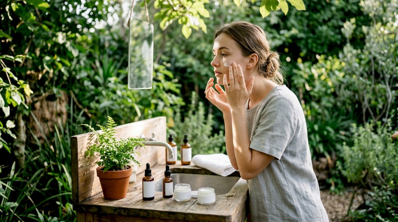Woman gently applying face cream in bathroom