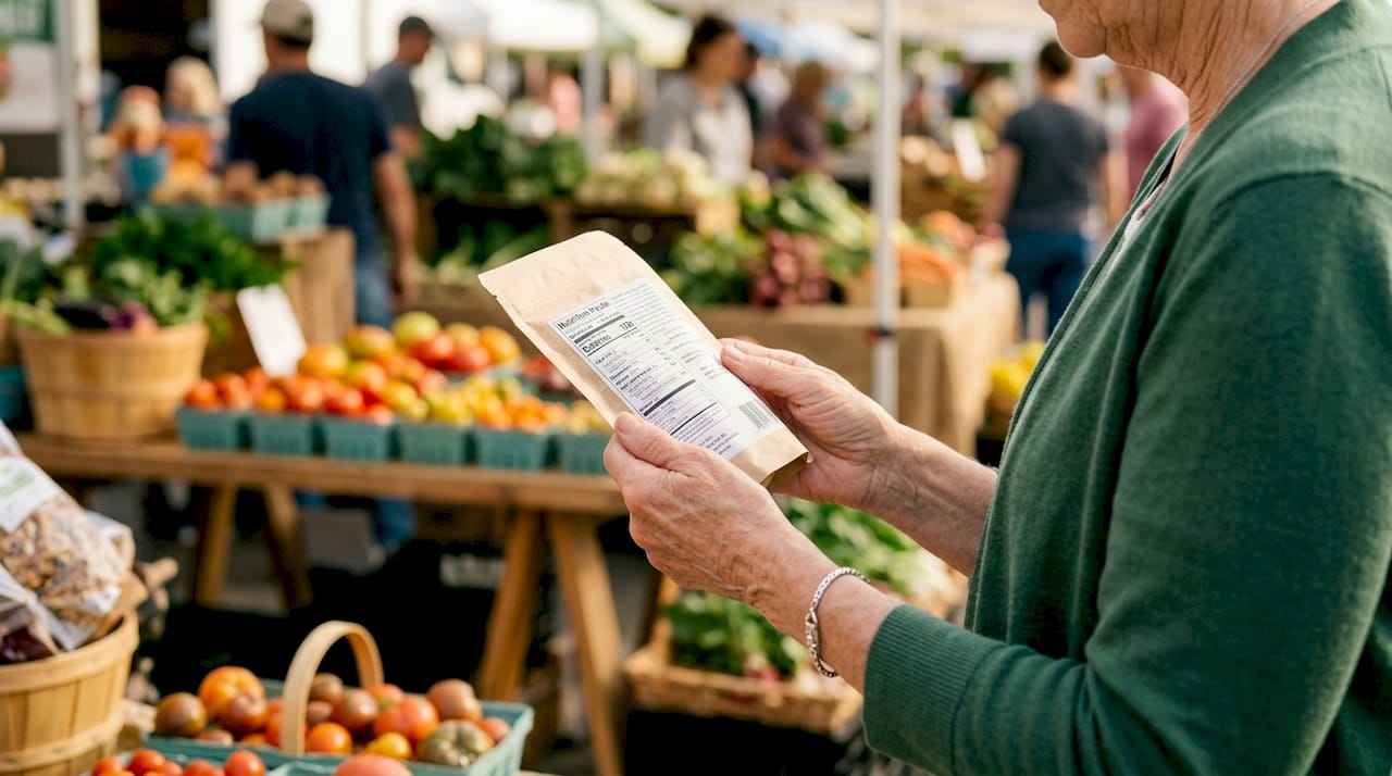 Hands reading nutrition label in grocery store