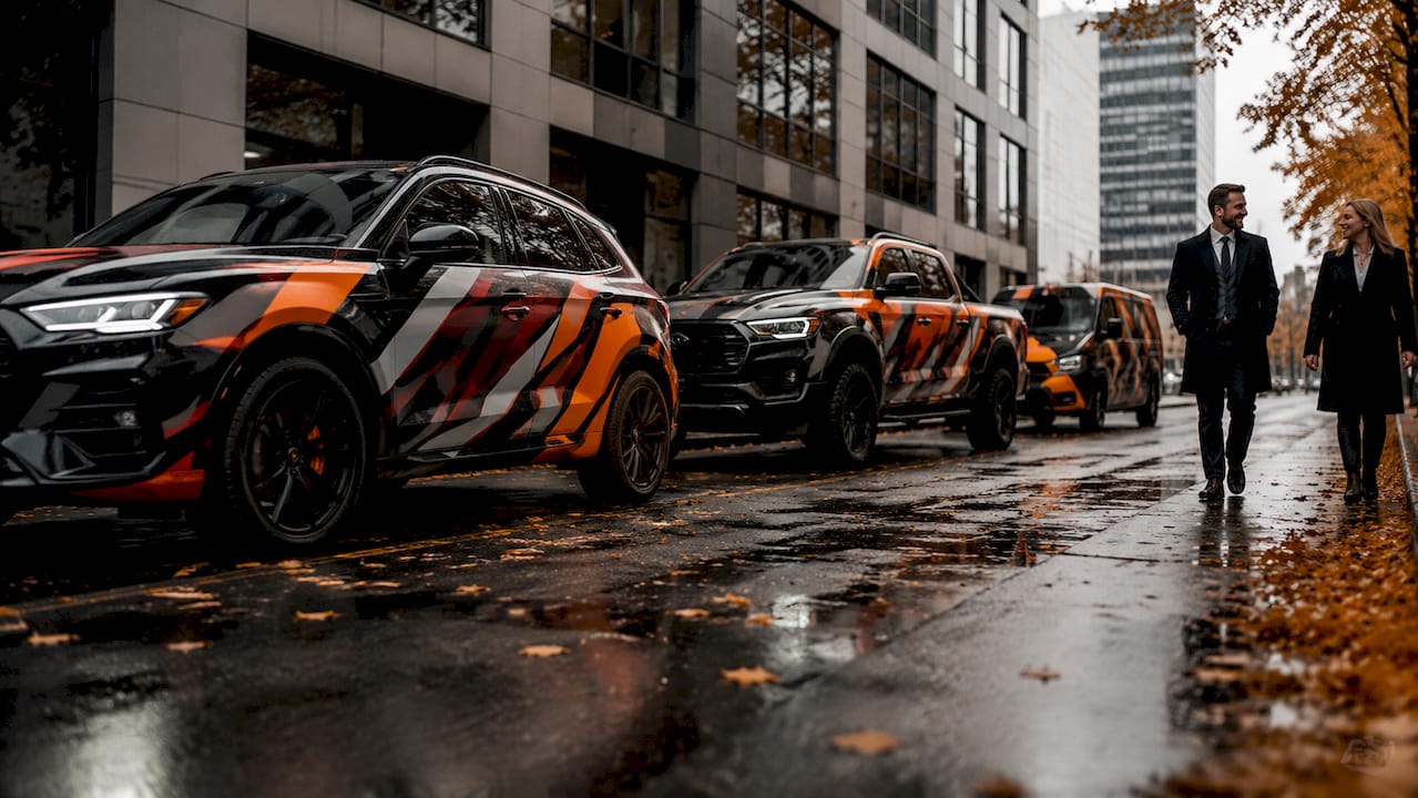 Aerial view of multiple wrapped agency fleet vehicles