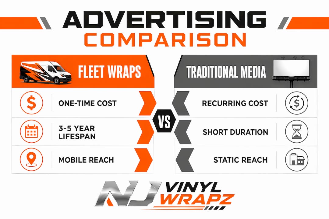 Split infographic comparing fleet wraps to traditional media