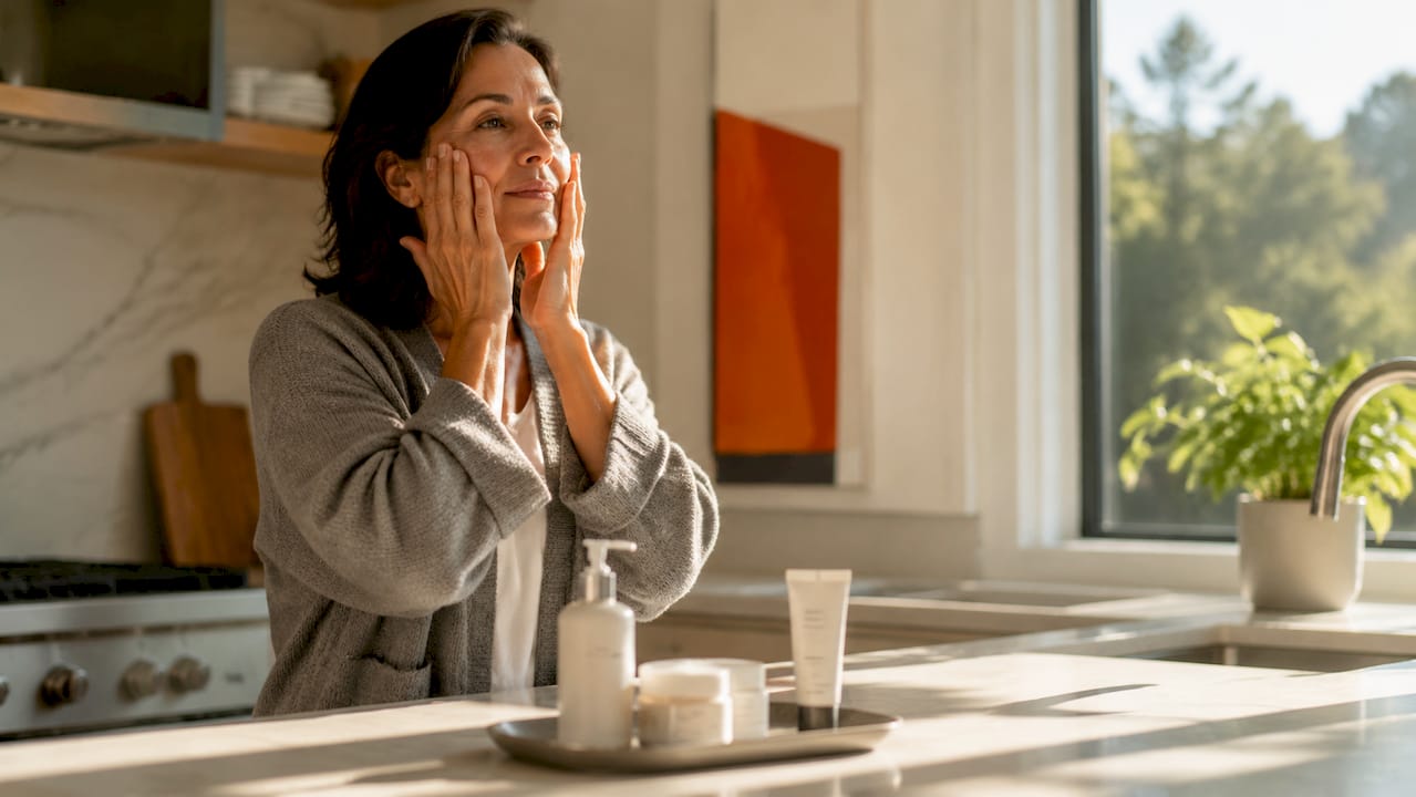 Woman applying moisturizer in bathroom vanity