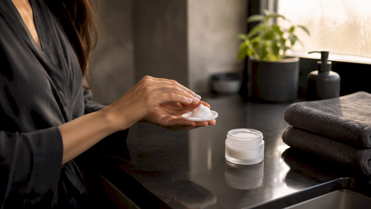 Hands holding mild cleanser foam over sink
