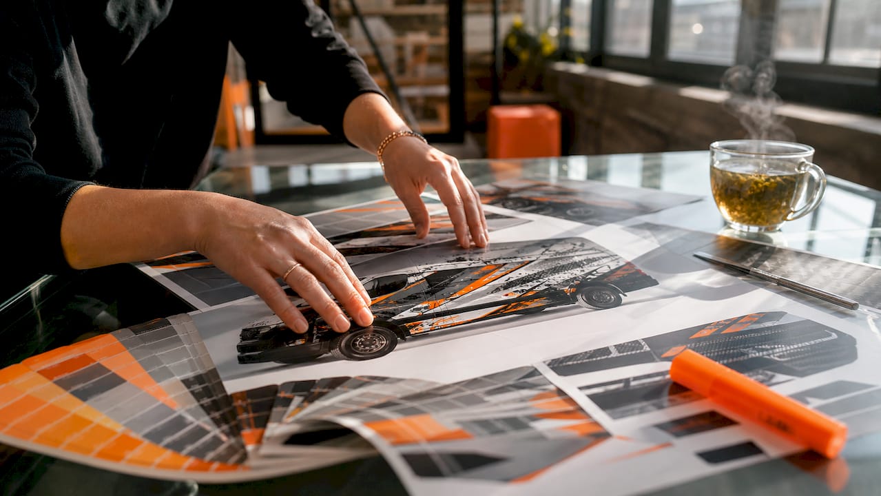 Hands reviewing vehicle branding templates