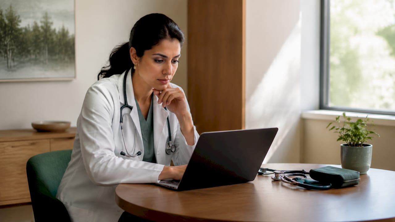 Cardiologist reviewing patient data at desk