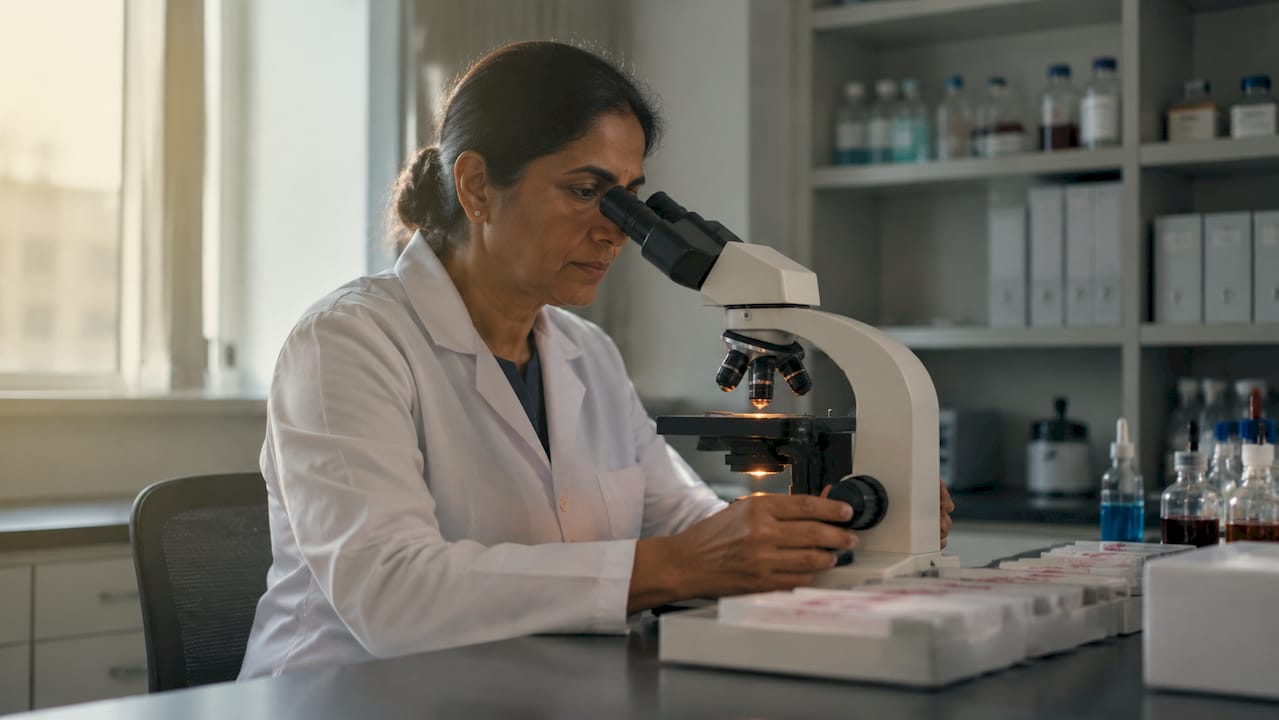 Scientist examining skin tissue in lab