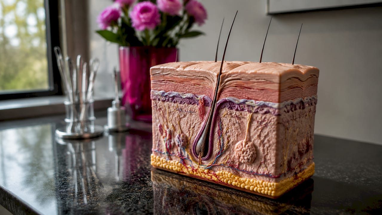 Close-up skin cross-section model showing layers