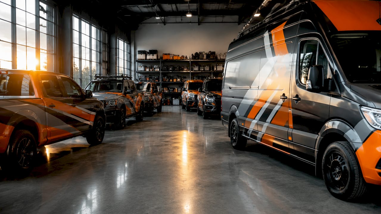 Overhead view of branded commercial vehicle fleet parking lot