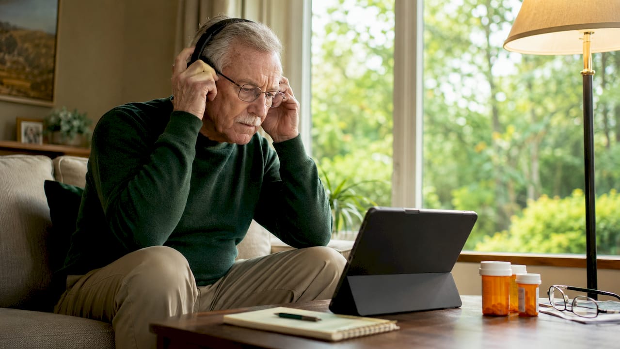 Older man preparing telehealth session in private study