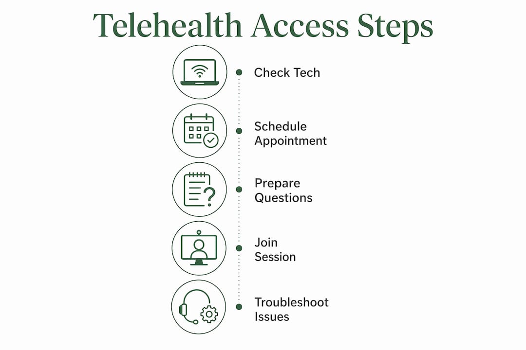 Infographic illustrating steps for telehealth access