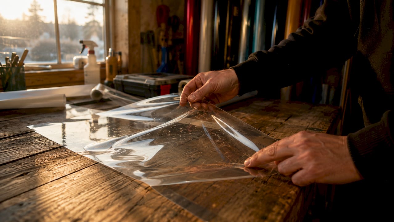 Close-up of paint protection film material held by hand